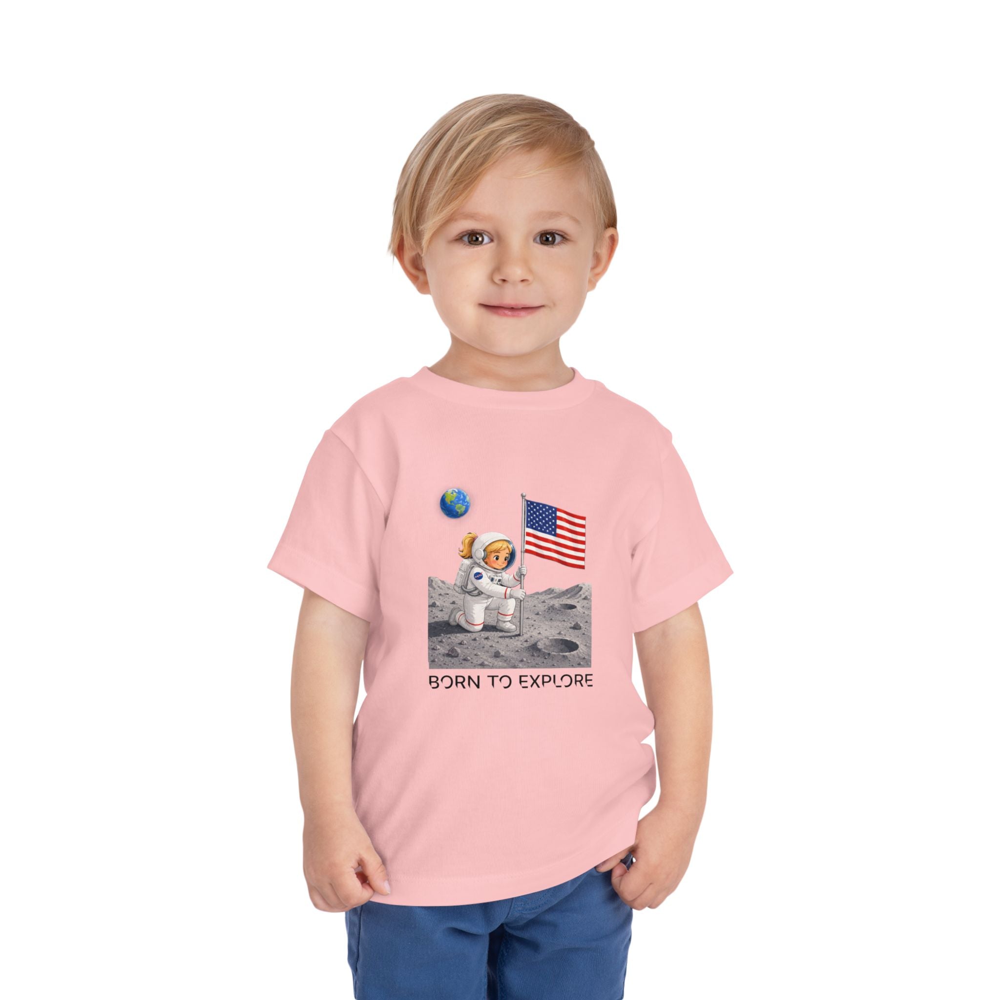 Toddler Astronaut Moon Tee – Pink Space Explorer with American Flag (Blonde)