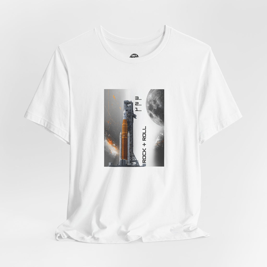 Artemis Rocket on Smoky Launchpad with Moon T-shirt | Space Launch Graphic Tee
