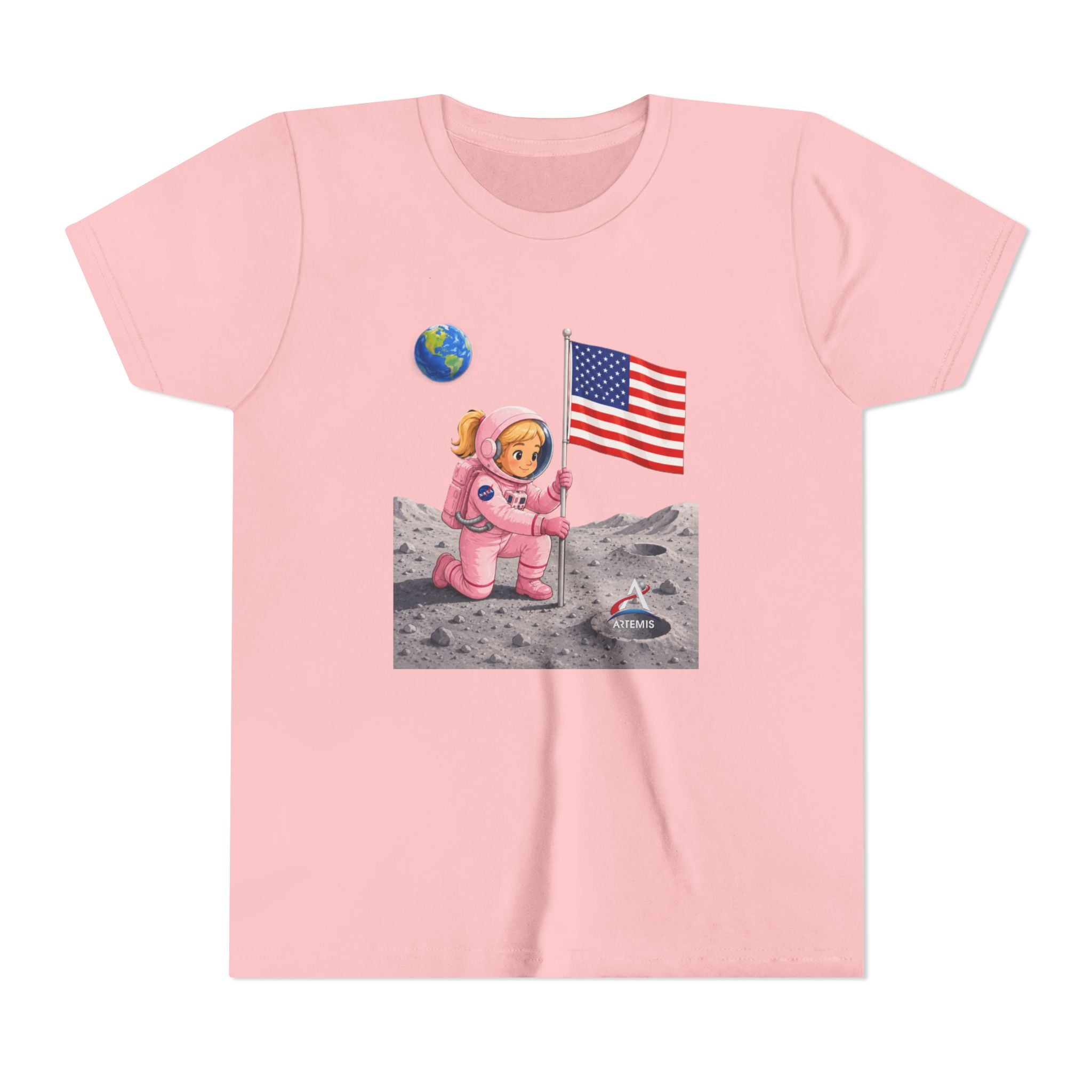 Kids Astronaut Moon Tee – Pink Space Explorer with American Flag (Blonde)