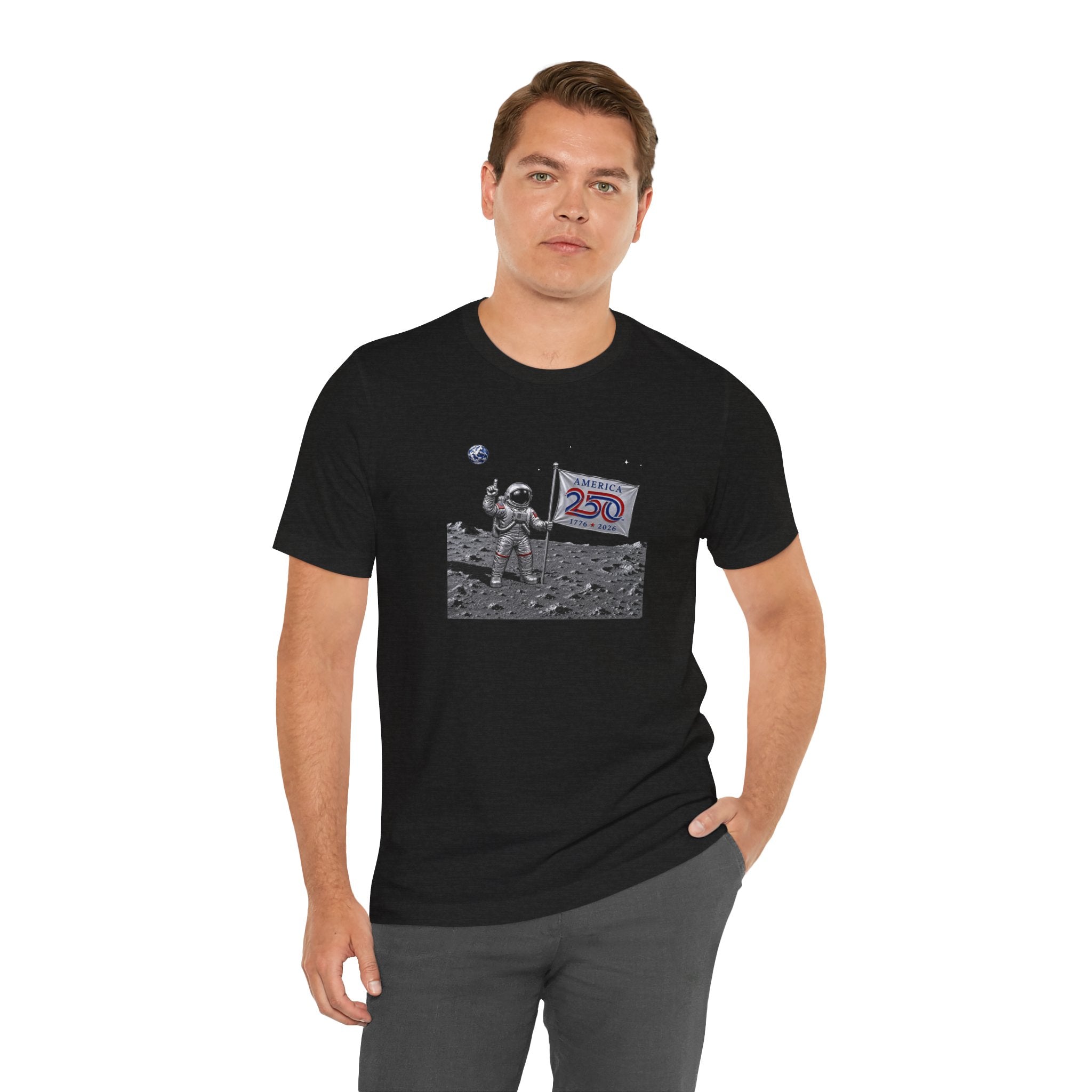 Astronaut Moon Landing Tee — "America 250" Flag Space Graphic Shirt