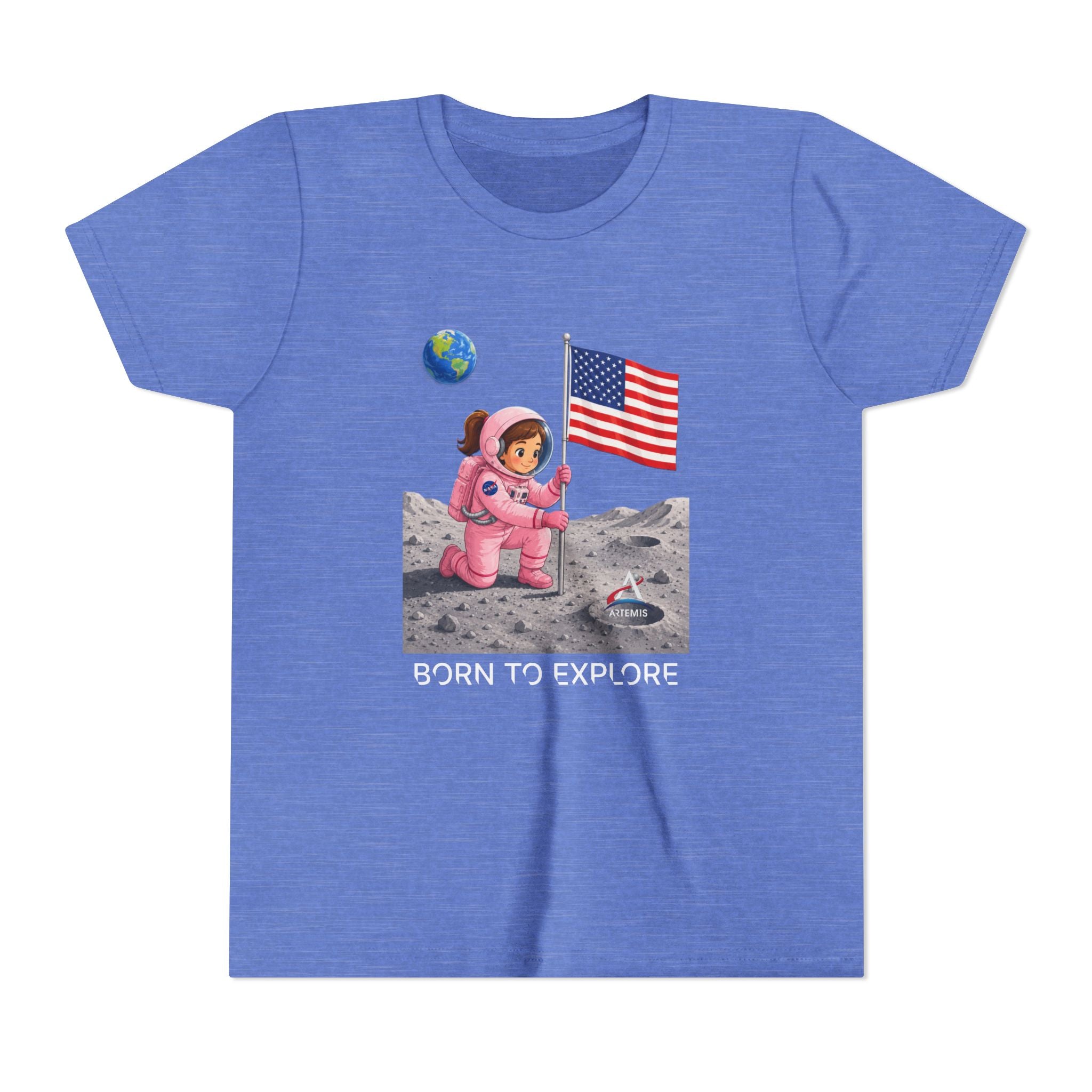 Kids Astronaut Moon Tee – Pink Space Explorer with American Flag