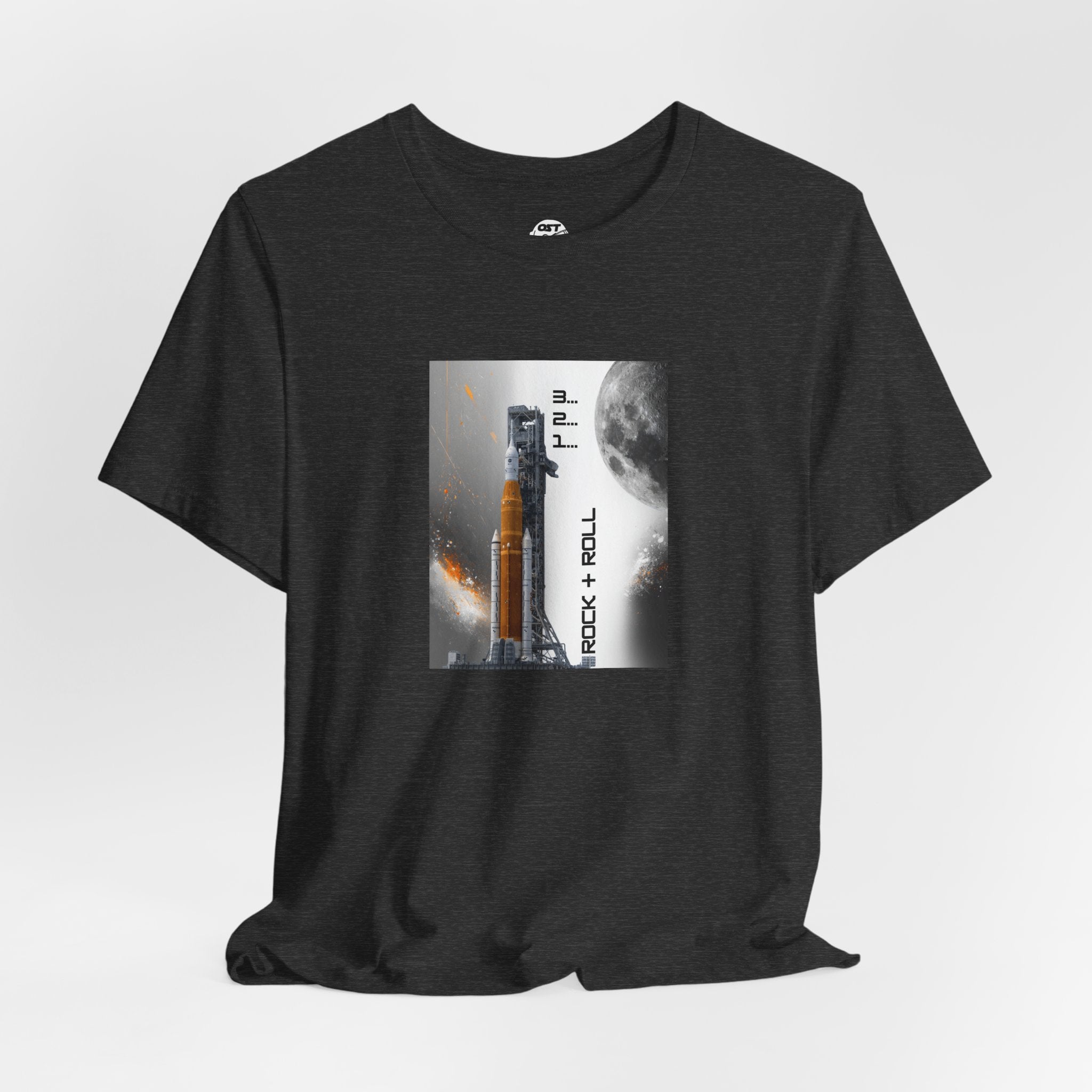 Artemis Rocket on Smoky Launchpad with Moon T-shirt | Space Launch Graphic Tee