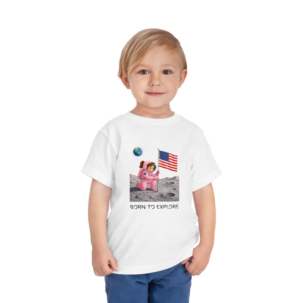 Toddler Astronaut Moon Tee – Pink Space Explorer with American Flag