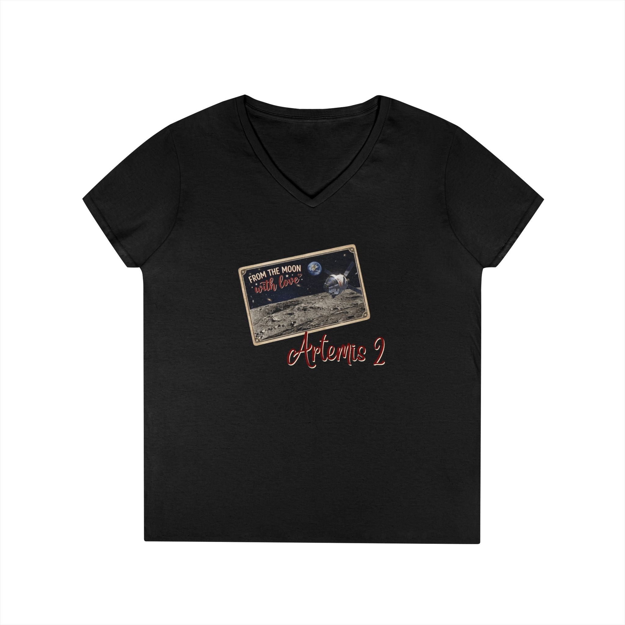 Artemis 2 Moon Postcard V-Neck T-Shirt | Lunar Mission Shirt
