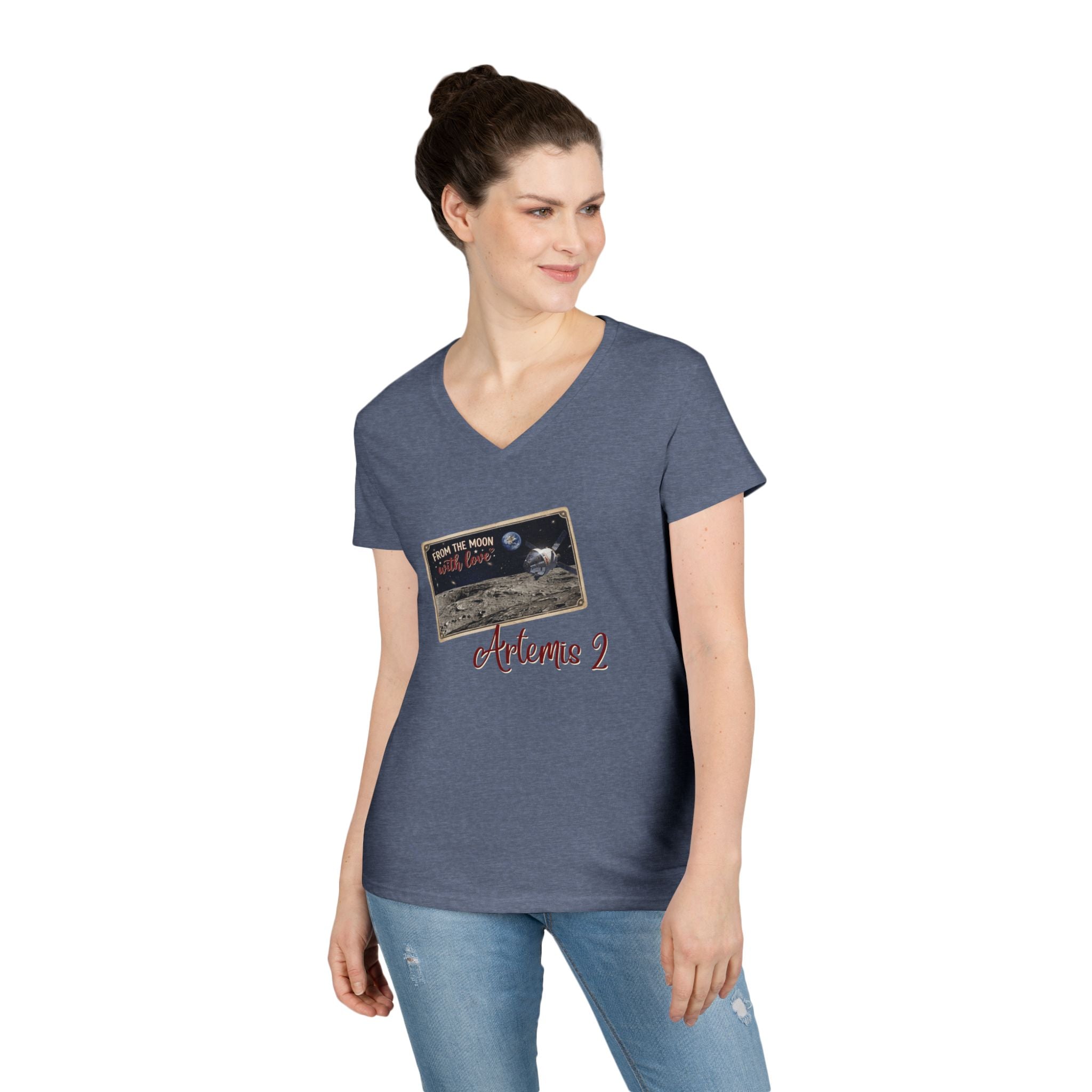Artemis 2 Moon Postcard V-Neck T-Shirt | Lunar Mission Shirt